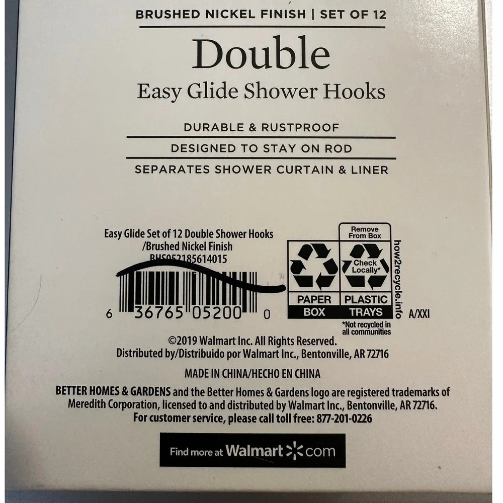 Better Homes & Gardens Brushed Nickel Set of 12 Easy Glide Double‎ Shower Hooks